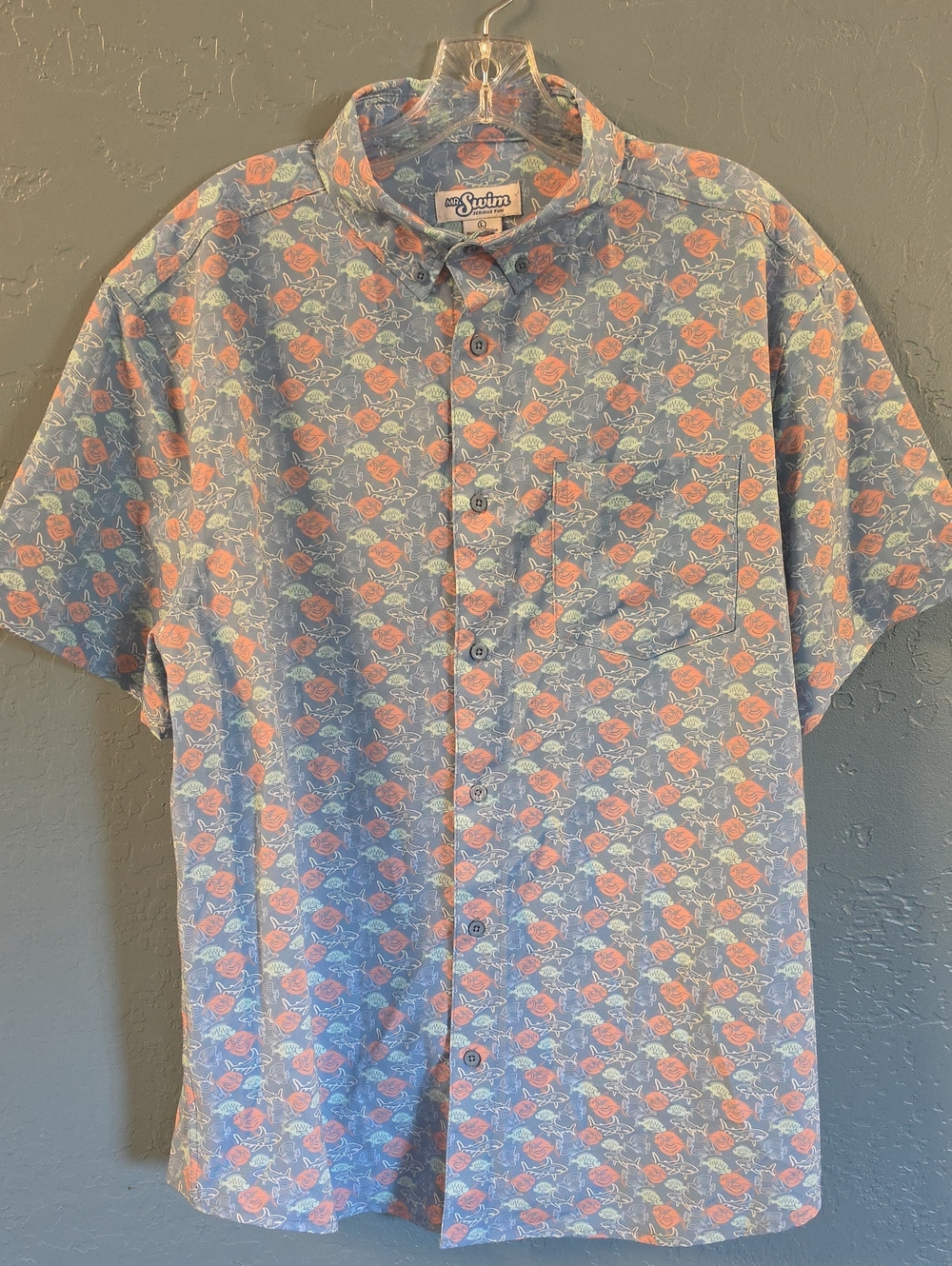 Mr.Swim Blue Short-Sleeve Button-Down Shirt with Coral Rose Print